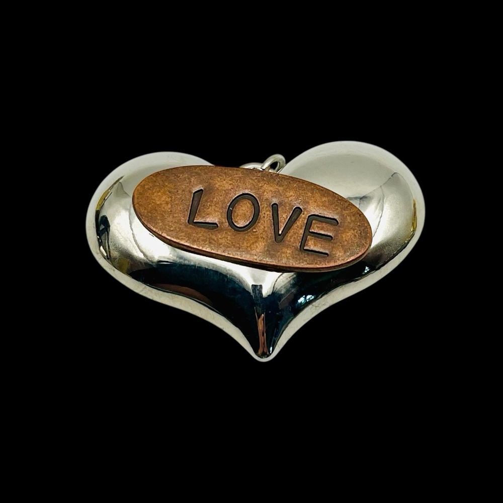 Statement Silver Tone Puffy Heart Pendant With Copper Love Plaque